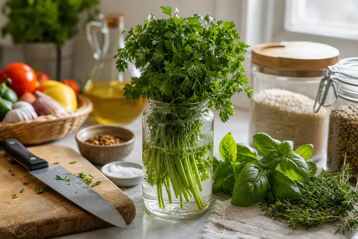 Editorial home-kitchen photo illustrating How to Store Fresh Herbs for Weeks (tips tricks tip), realistic tools and ingredients in natural light