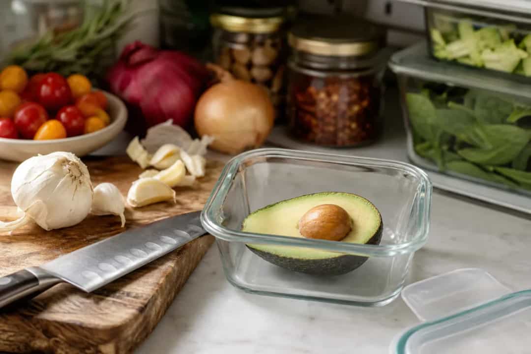 Editorial home-kitchen photo illustrating How to Store Half an Avocado Overnight (tips tricks tip), realistic tools and ingredients in natural light
