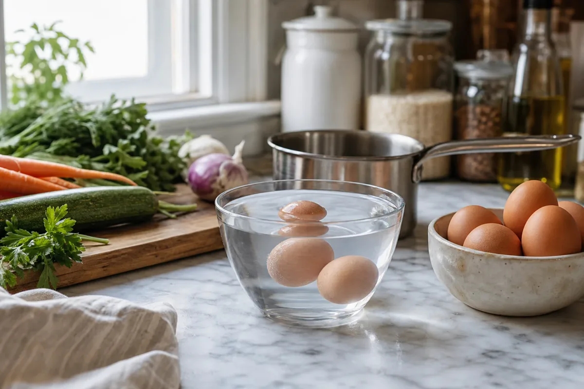 Editorial home-kitchen photo illustrating How to Tell if Eggs Are Still Fresh (tips tricks tip), realistic tools and ingredients in natural light