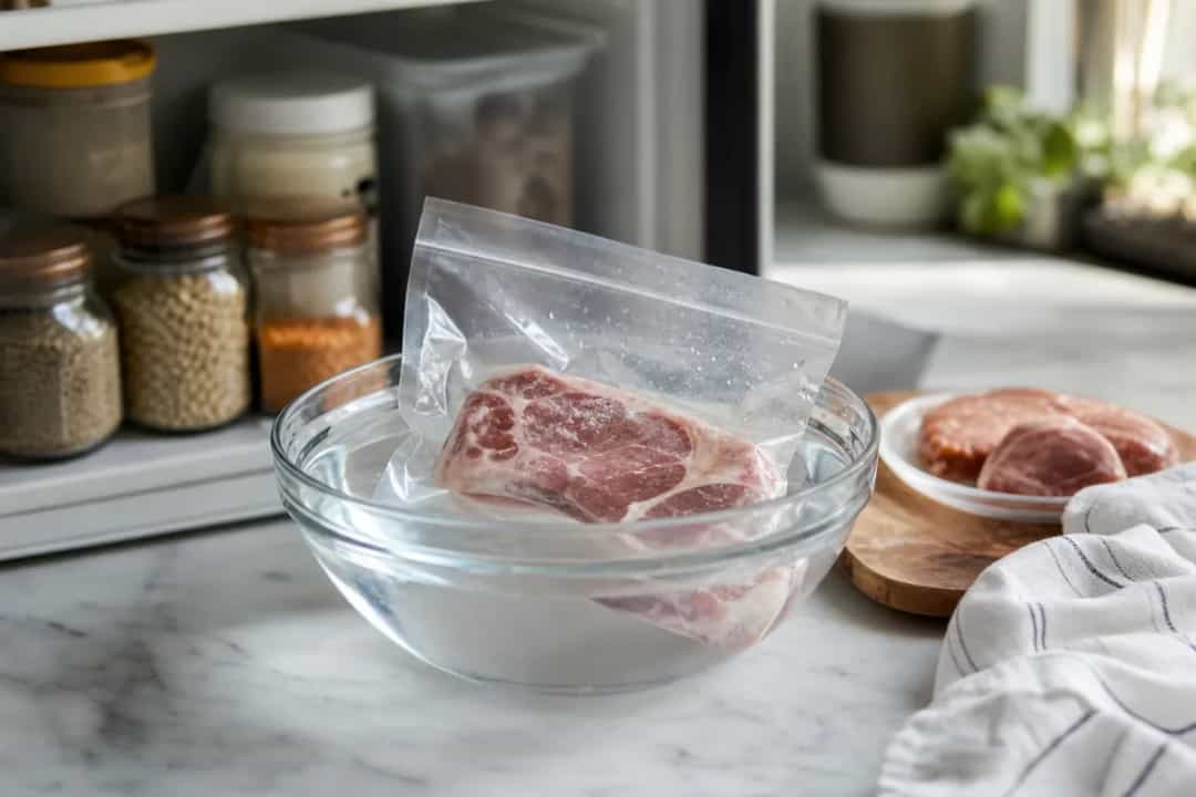 Editorial home-kitchen photo illustrating How to Safely Thaw Frozen Meat Fast (tips tricks tip), realistic tools and ingredients in natural light