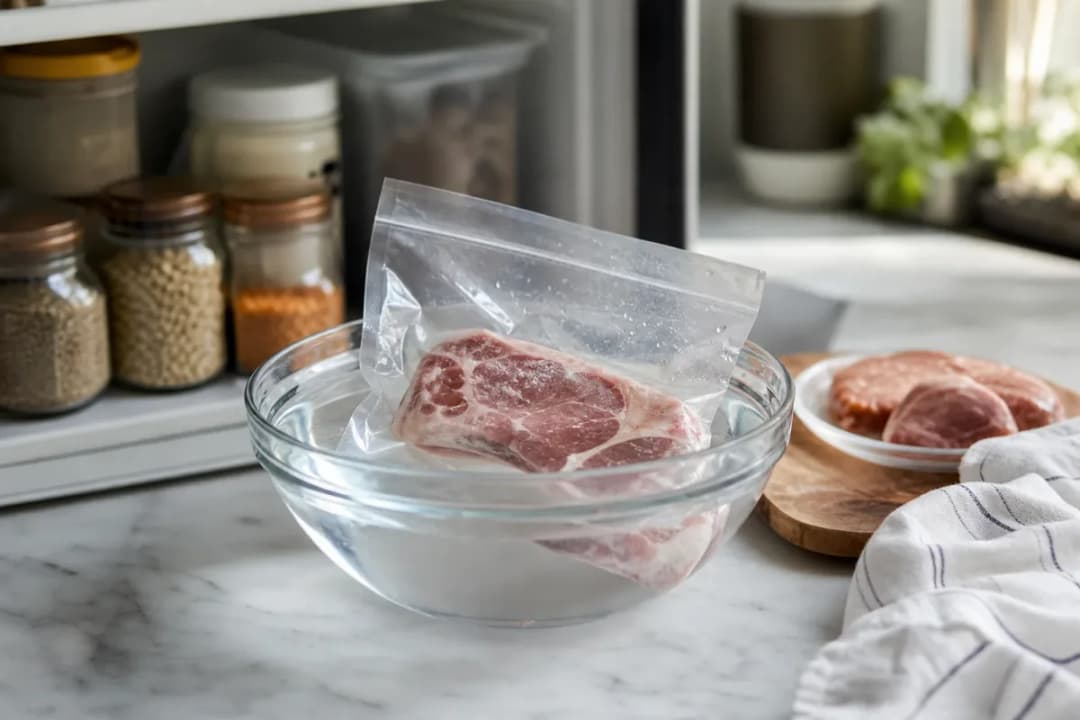 Editorial home-kitchen photo illustrating How to Safely Thaw Frozen Meat Fast (tips tricks tip), realistic tools and ingredients in natural light