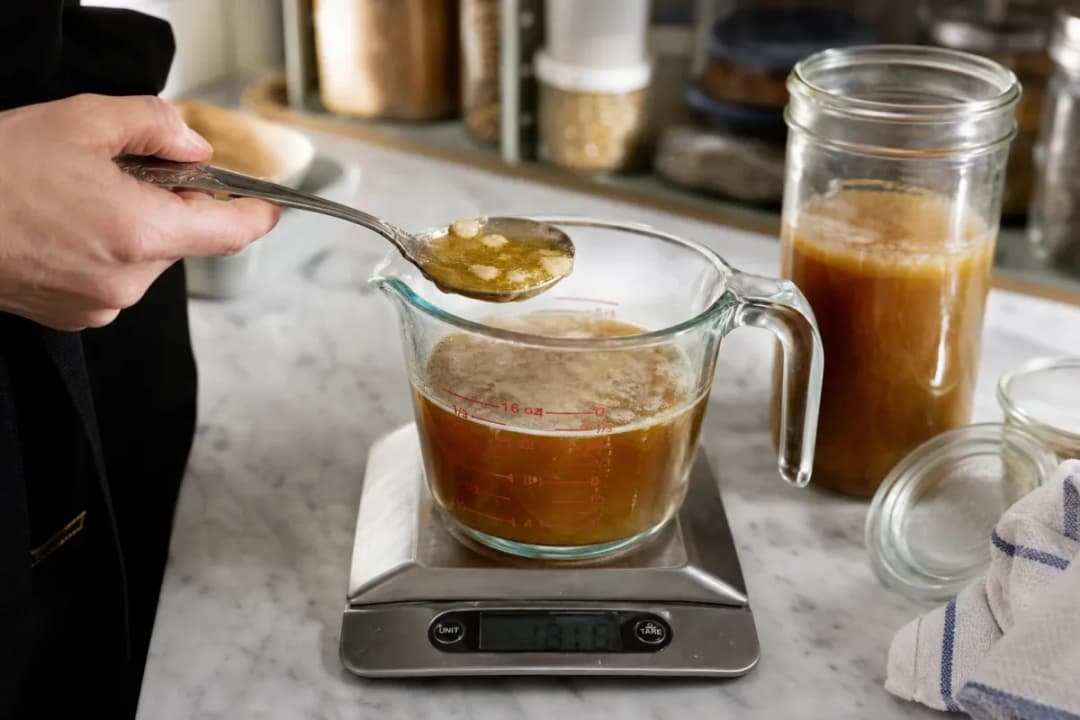 Editorial photo: Ice-Cube Degreasing: Skim Fat from Broths & Gravies (pro techniques tip) — realistic home-kitchen scene with visible tools and ingredients in n