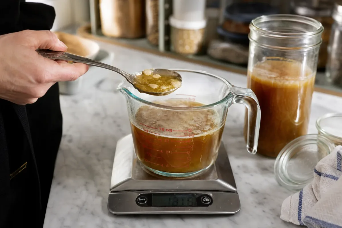 Editorial photo: Ice-Cube Degreasing: Skim Fat from Broths & Gravies (pro techniques tip) — realistic home-kitchen scene with visible tools and ingredients in n