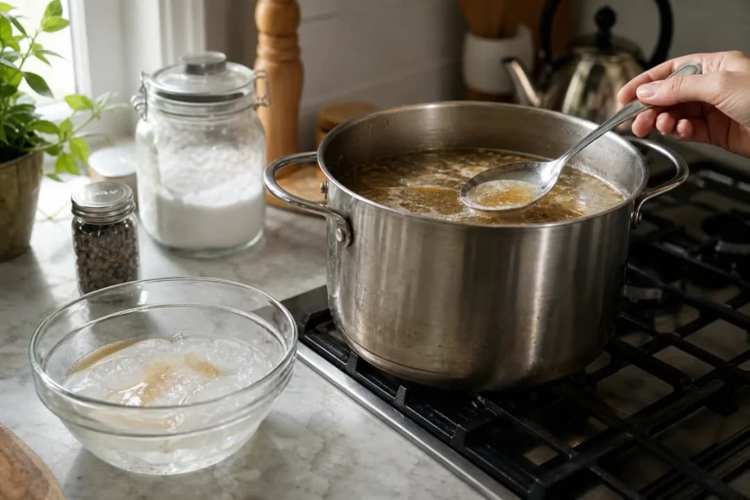 Editorial photo: Ice-Cube Degreasing: Skim Fat from Stocks & Stews (tips tricks tip) — realistic home-kitchen scene with visible tools and ingredients in natura