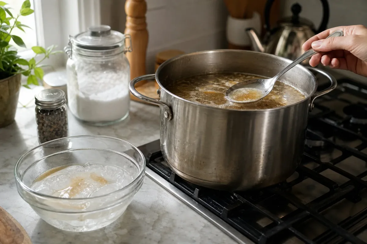 Editorial photo: Ice-Cube Degreasing: Skim Fat from Stocks & Stews (tips tricks tip) — realistic home-kitchen scene with visible tools and ingredients in natura
