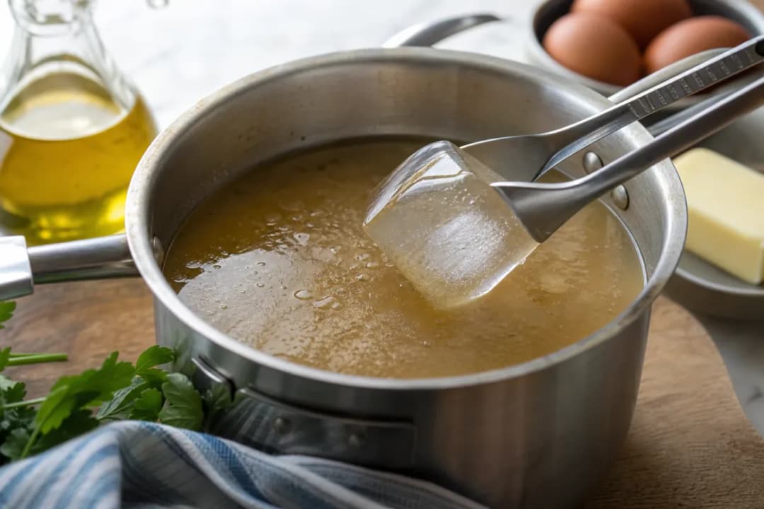 Editorial photo: Skim Fat from Soup and Gravy Using Ice Cubes (tips tricks tip) — realistic home-kitchen scene with visible tools and ingredients in natural lig