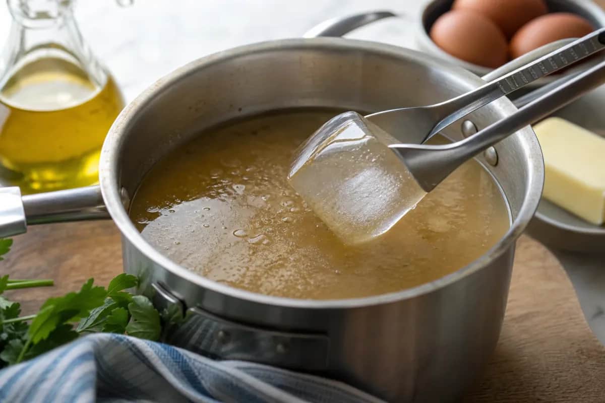 Editorial photo: Skim Fat from Soup and Gravy Using Ice Cubes (tips tricks tip) — realistic home-kitchen scene with visible tools and ingredients in natural lig