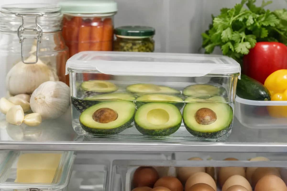 Halved avocados with lemon and plastic wrap on a cutting board to slow browning