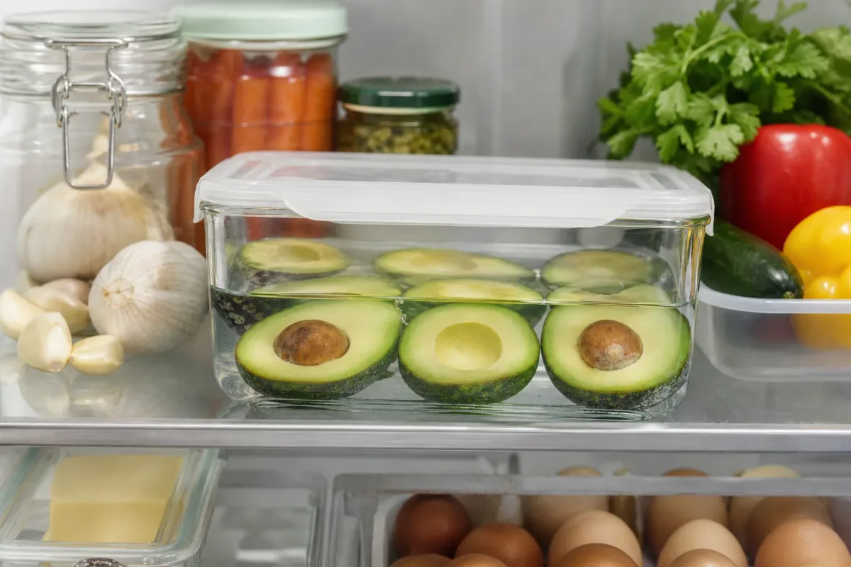 Halved avocados with lemon and plastic wrap on a cutting board to slow browning