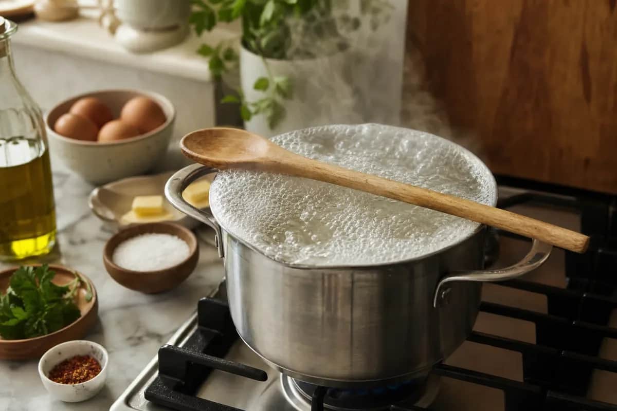 Editorial photo: How to Keep Pasta Water from Boiling Over (tips tricks tip) — realistic home-kitchen scene with visible tools and ingredients in natural light