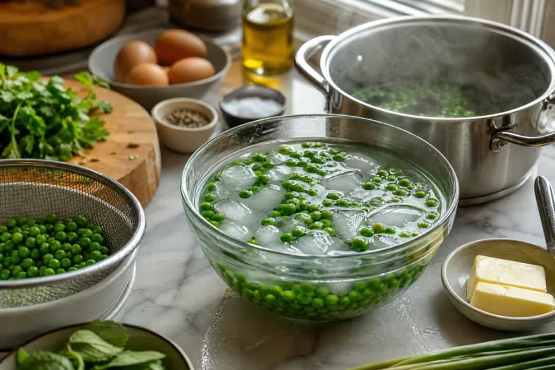 Editorial photo: How to Lock Vivid Green Colors in Vegetables (quick fixes tip) — realistic home-kitchen scene with visible tools and ingredients in natural lig