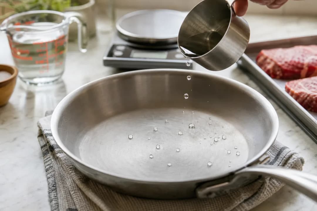 Editorial photo: Make Stainless Steel Non-Stick with the Leidenfrost Test (tips tricks tip) — realistic home-kitchen scene with visible tools and ingredients in