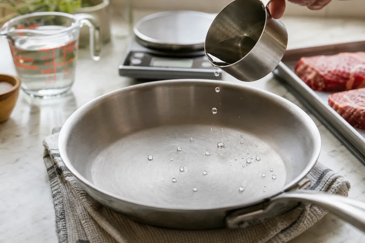 Editorial photo: Make Stainless Steel Non-Stick with the Leidenfrost Test (tips tricks tip) — realistic home-kitchen scene with visible tools and ingredients in