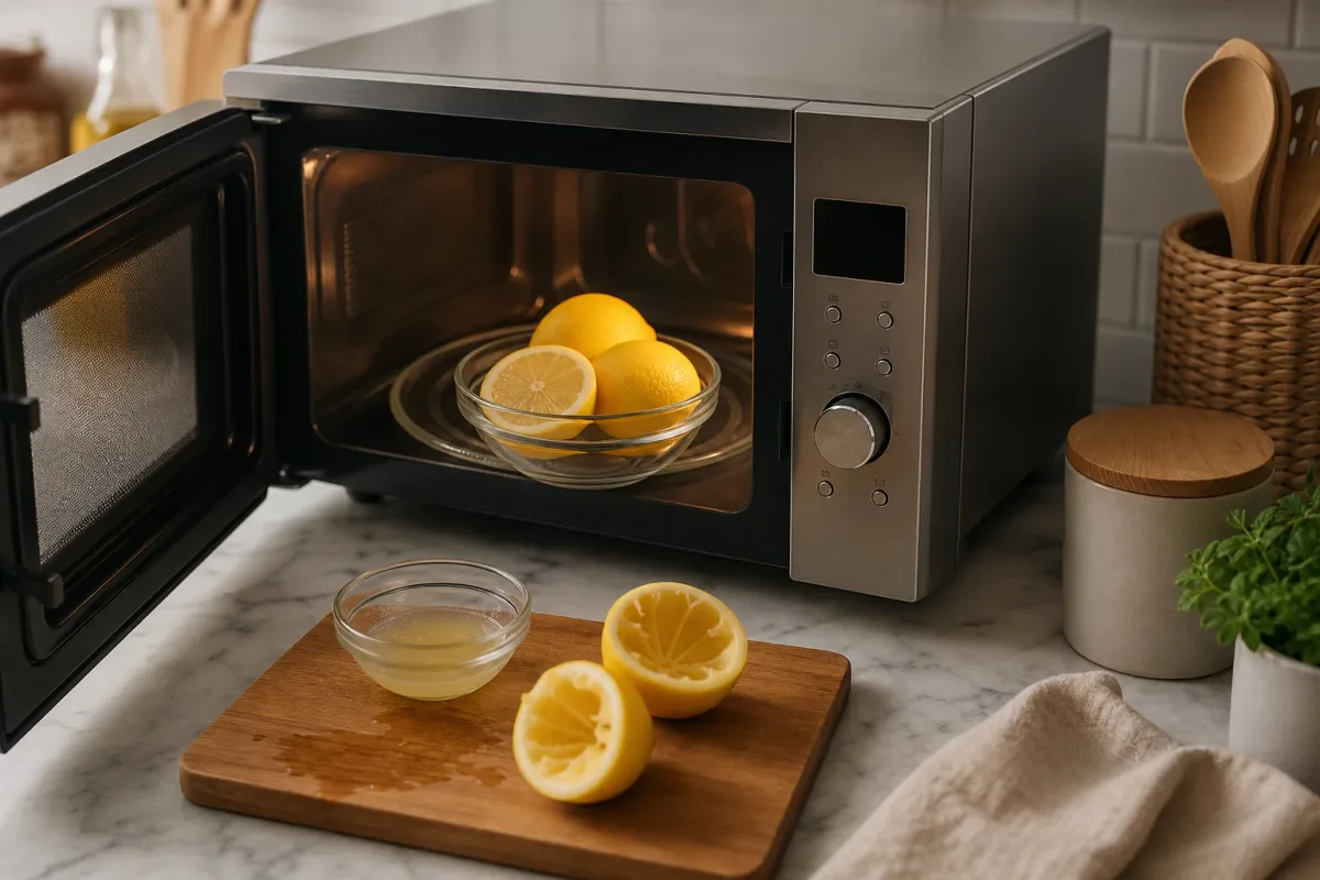 Editorial photo: Microwave Lemon Hack for Double the Juice (smart kitchen tip) — realistic home-kitchen scene with visible tools and ingredients in natural ligh