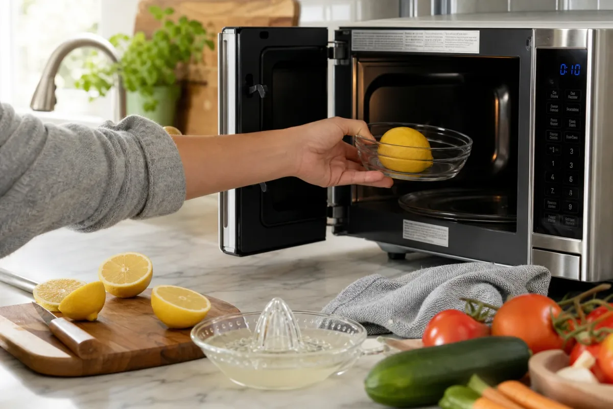Editorial photo: 10-Second Microwaved Lemon Hack for More Juice (smart kitchen tip) — realistic home-kitchen scene with visible tools and ingredients in natural