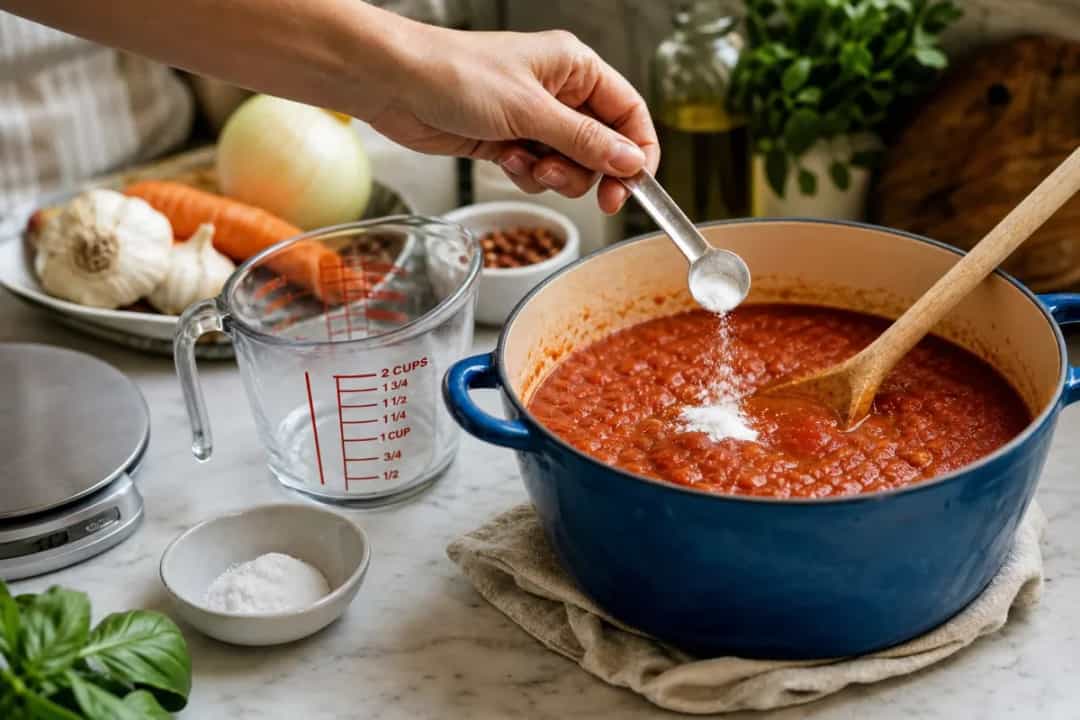 Measuring cup and kitchen scale with ingredient portion for accurate cooking conversion
