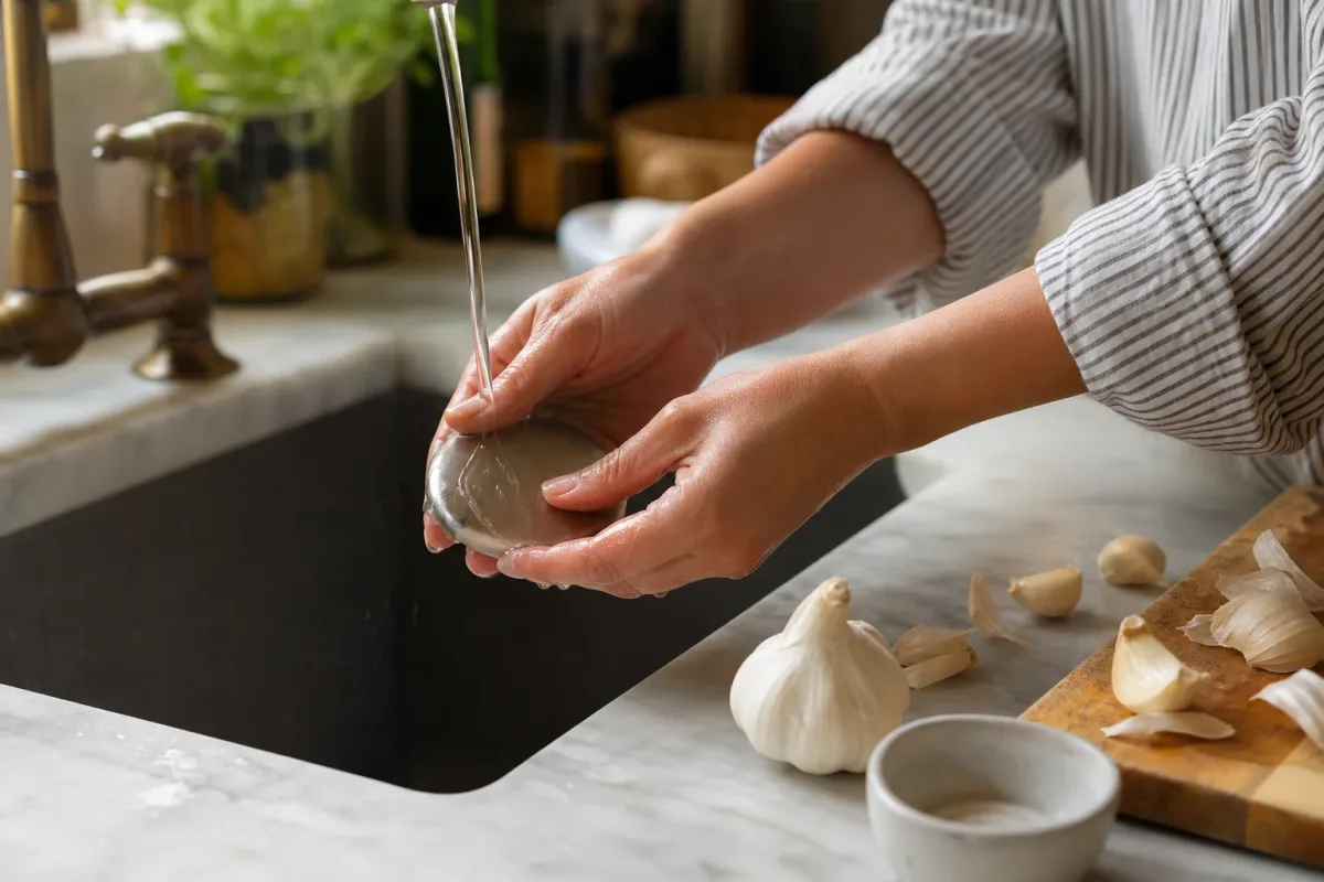 Editorial photo: Neutralize Garlic and Onion Odors with Stainless Steel (tips tricks tip) — realistic home-kitchen scene with visible tools and ingredients in n