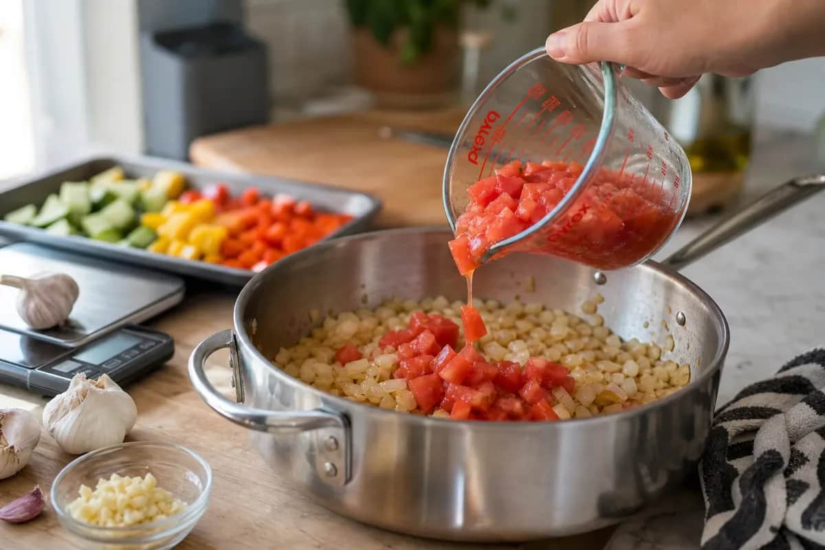 Editorial photo: Never Add Tomatoes to Onions First: Key Insights (pro techniques tip) — realistic home-kitchen scene with visible tools and ingredients in natu
