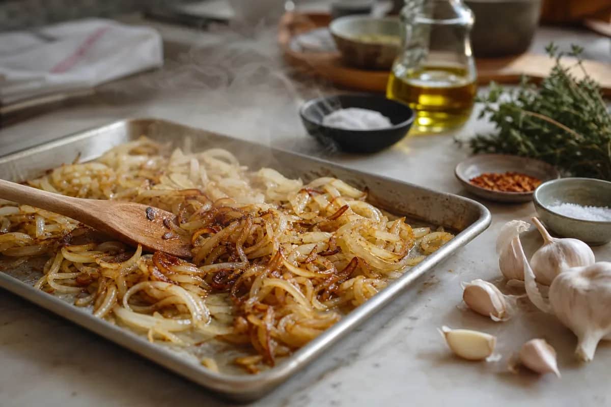 Editorial photo: Why Your Onions Won’t Caramelize (And Fix It) (pro techniques tip) — realistic home-kitchen scene with visible tools and ingredients in natural