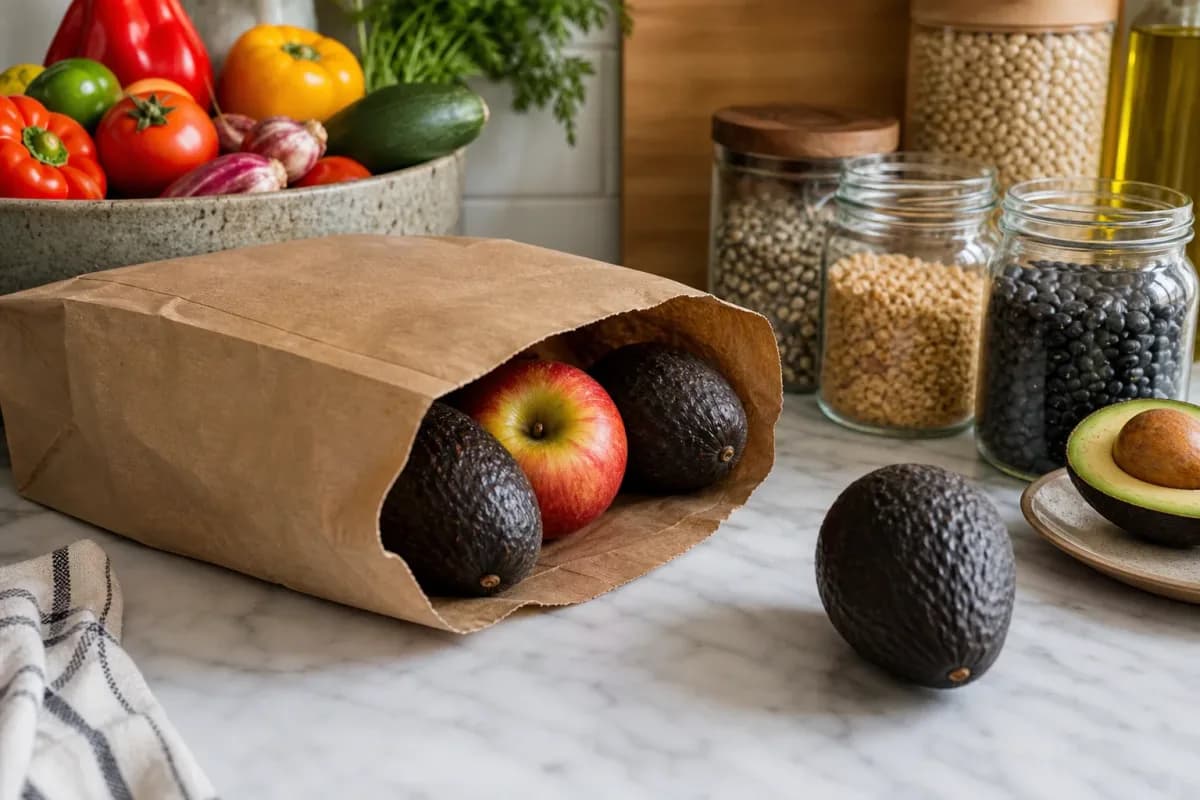 Halved avocados with lemon and plastic wrap on a cutting board to slow browning