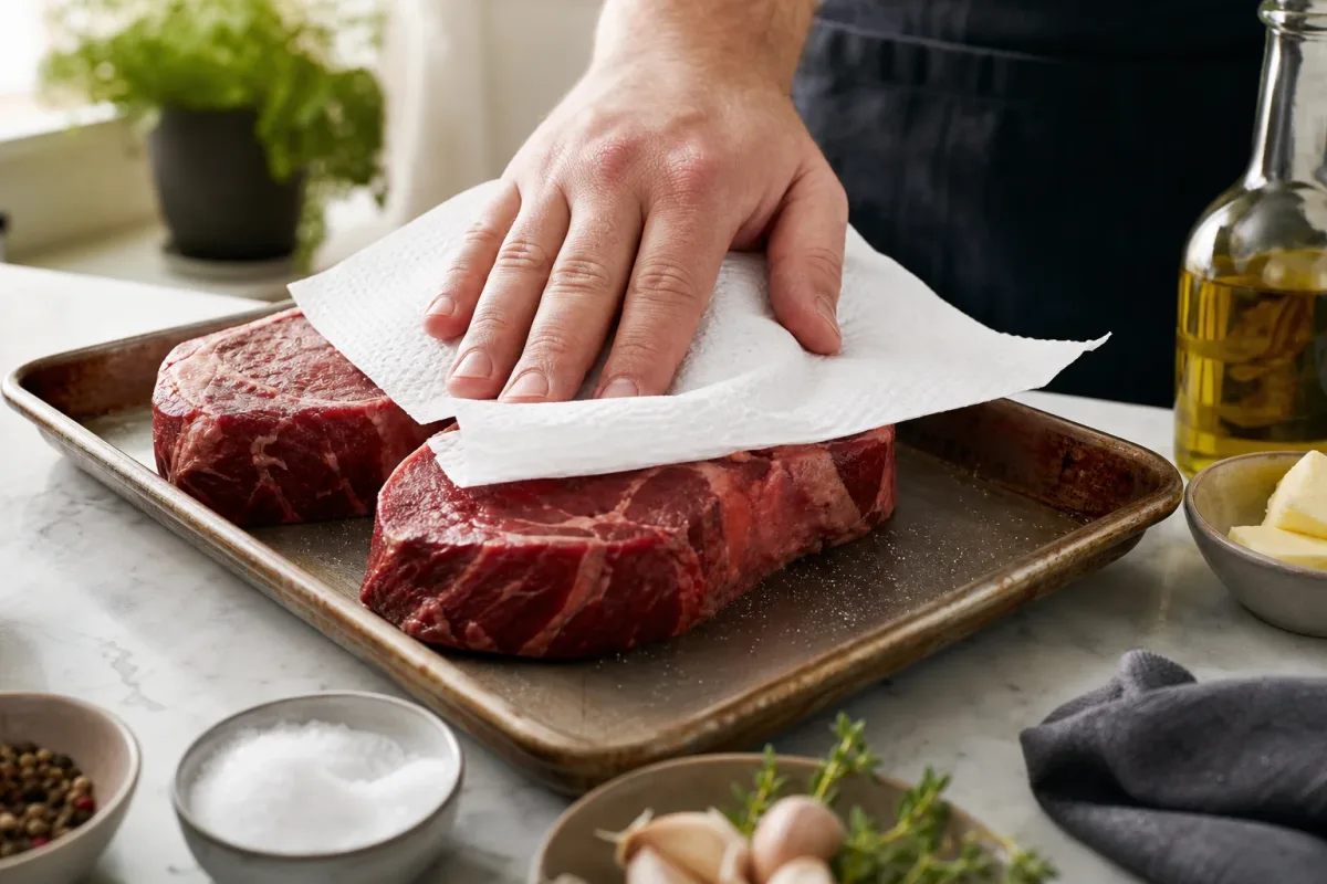 Editorial photo: The Golden Rule for Searing Meat: Paper Towel & Salt (pro techniques tip) — realistic home-kitchen scene with visible tools and ingredients in