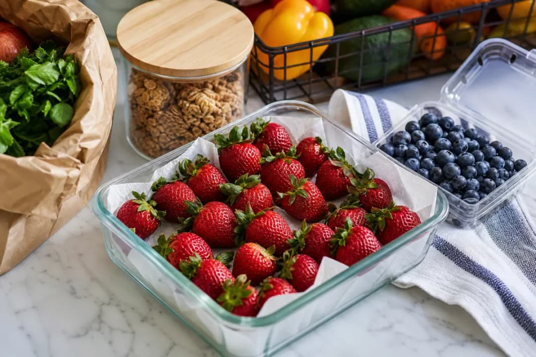 Editorial photo: The Paper Towel Trick for Crispy Berries (grocery tip) — realistic home-kitchen scene with visible tools and ingredients in natural light