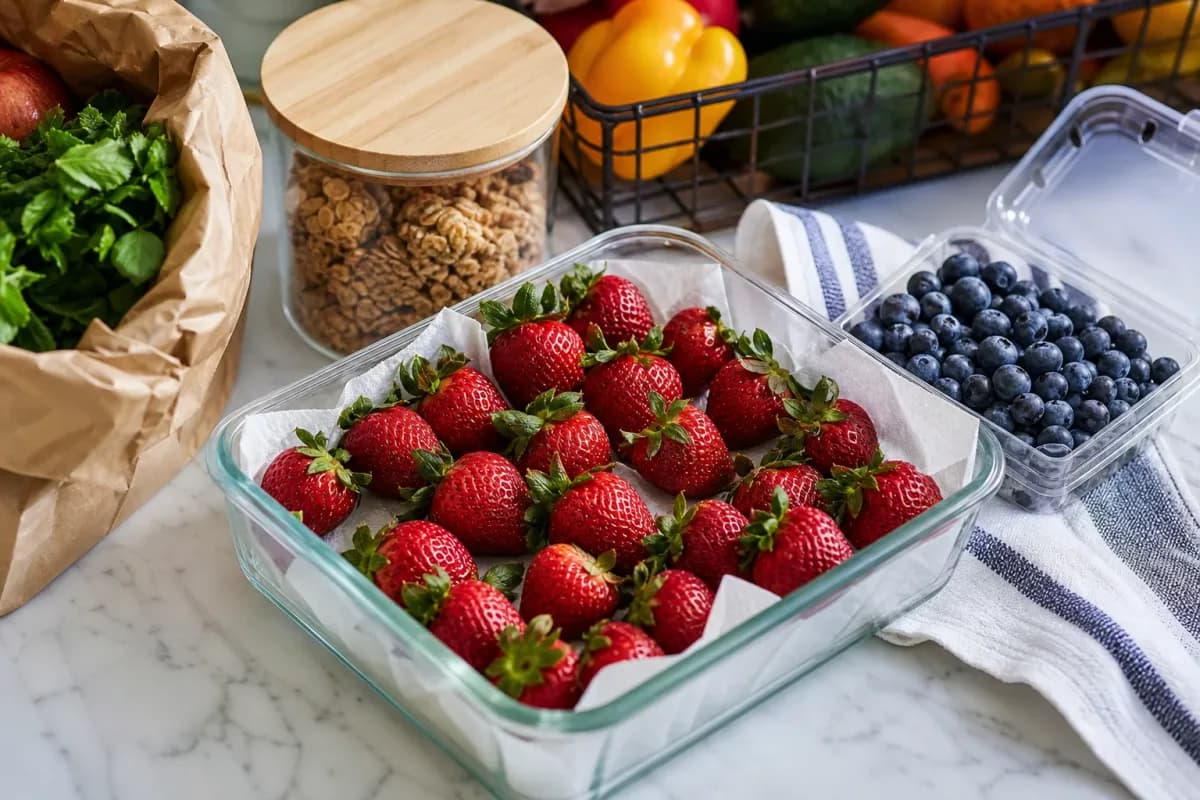 Editorial photo: The Paper Towel Trick for Crispy Berries (grocery tip) — realistic home-kitchen scene with visible tools and ingredients in natural light