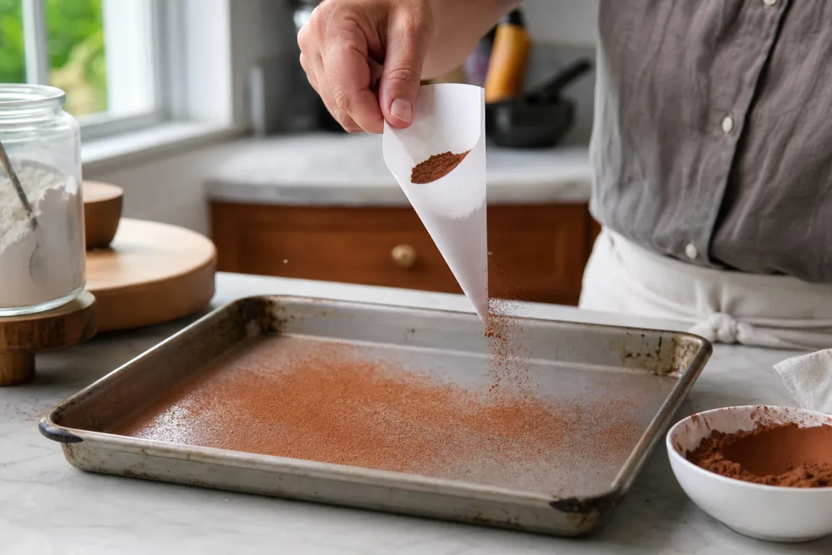 Editorial photo: Parchment Paper Funnel Hack for Mess-Free Dusting (tips tricks tip) — realistic home-kitchen scene with visible tools and ingredients in natura
