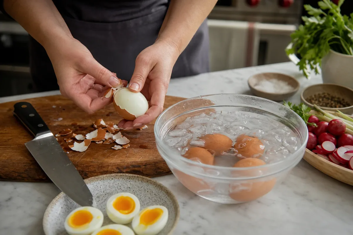 Editorial photo: How to Peel Soft-Boiled Eggs Easily with Ice Bath (tips tricks tip) — realistic home-kitchen scene with visible tools and ingredients in natura