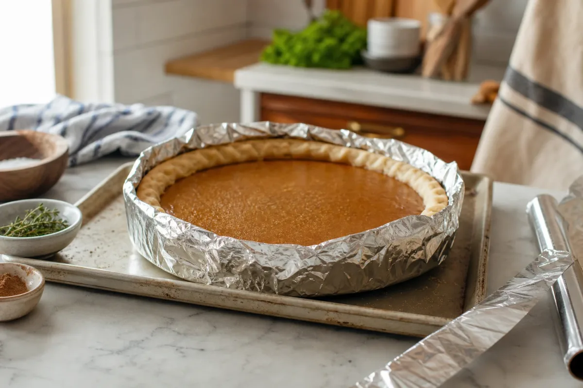 Editorial photo: Prevent Pie Crust Edges from Burning with Foil (pro techniques tip) — realistic home-kitchen scene with visible tools and ingredients in natura