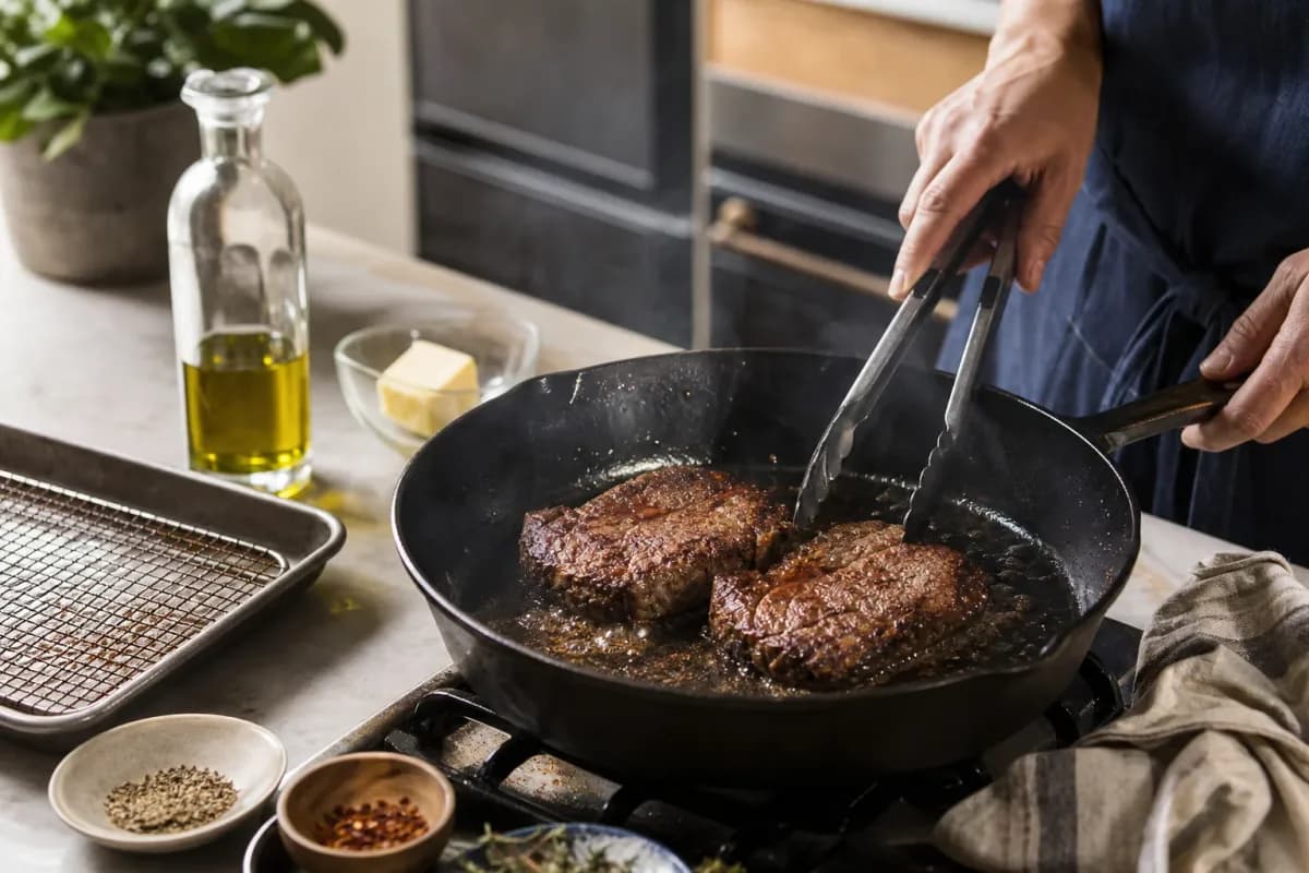 Editorial home-kitchen photo illustrating How to Reduce Oil Splatters When Frying Meat (tips tricks tip), realistic tools and ingredients in natural light