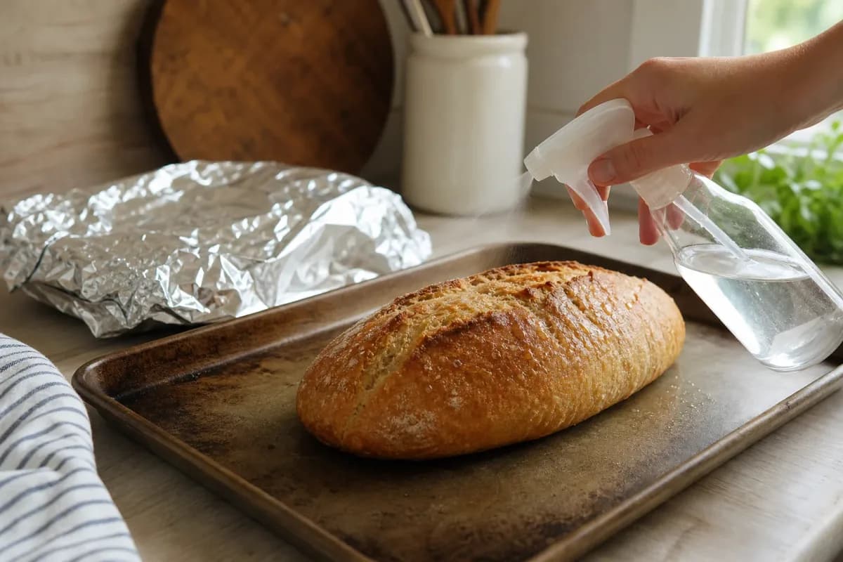 Editorial photo: Rehydrate Stale Bread with the Water-Bake Method (tips tricks tip) — realistic home-kitchen scene with visible tools and ingredients in natural