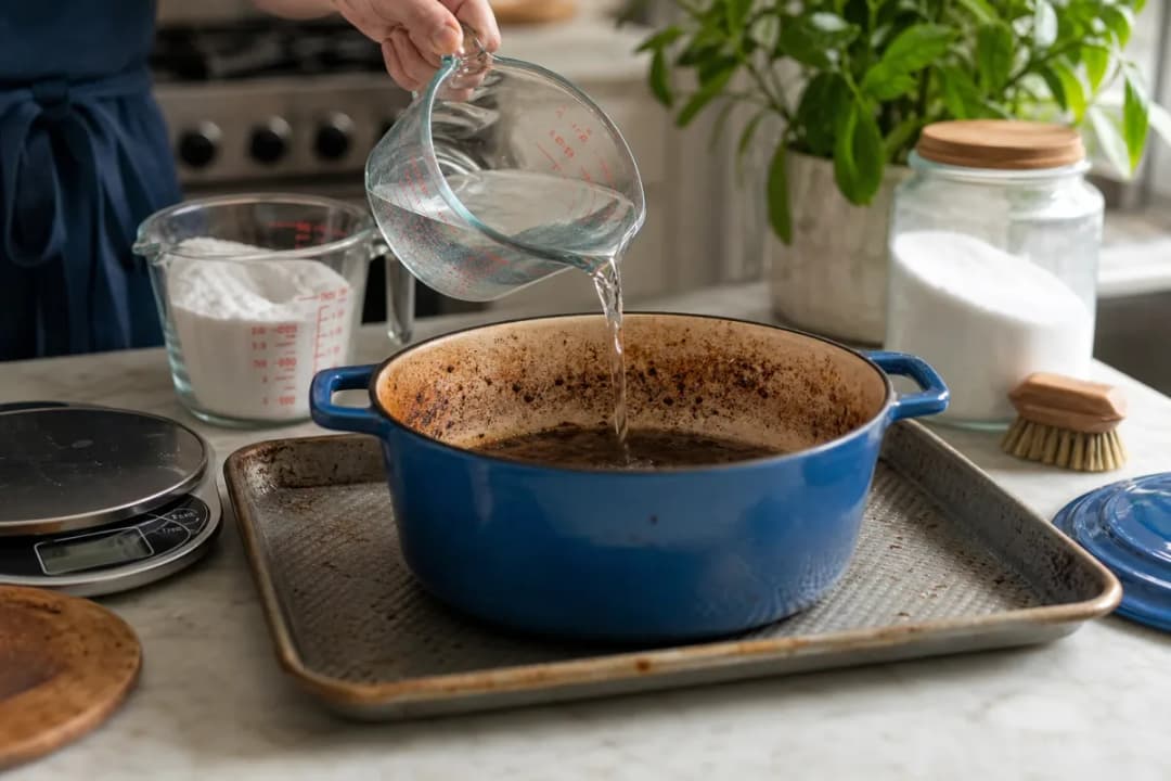 Measuring cup and kitchen scale with ingredient portion for accurate cooking conversion
