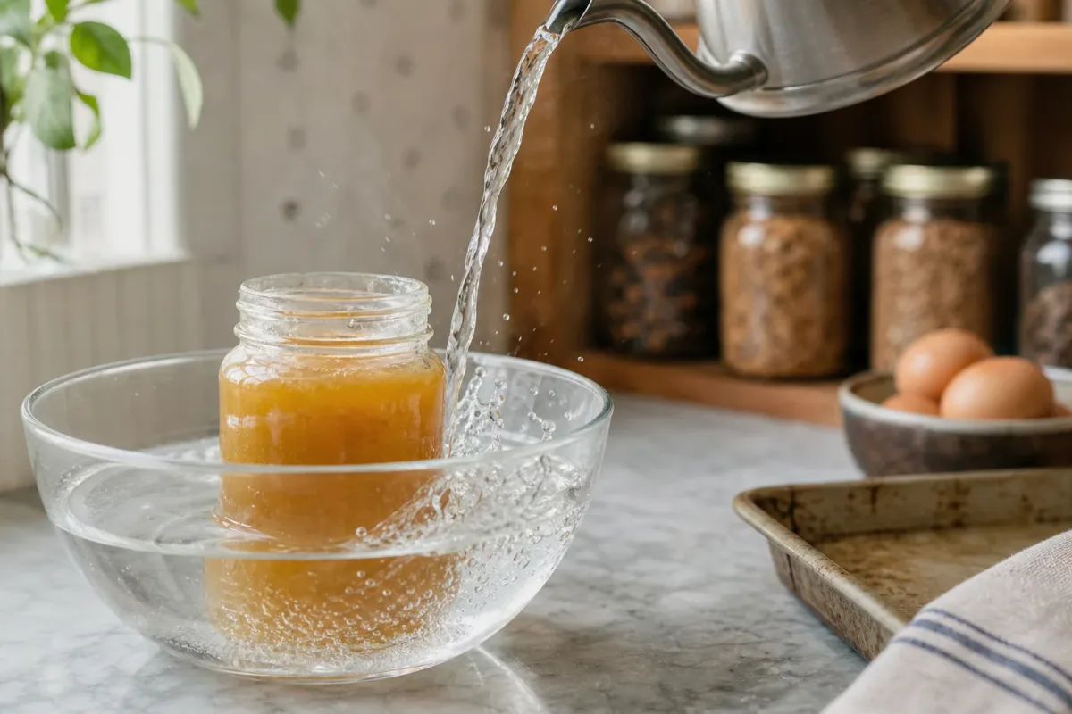 Editorial photo: Restore Crystallized Honey with Boiling Water Splash (tips tricks tip) — realistic home-kitchen scene with visible tools and ingredients in nat