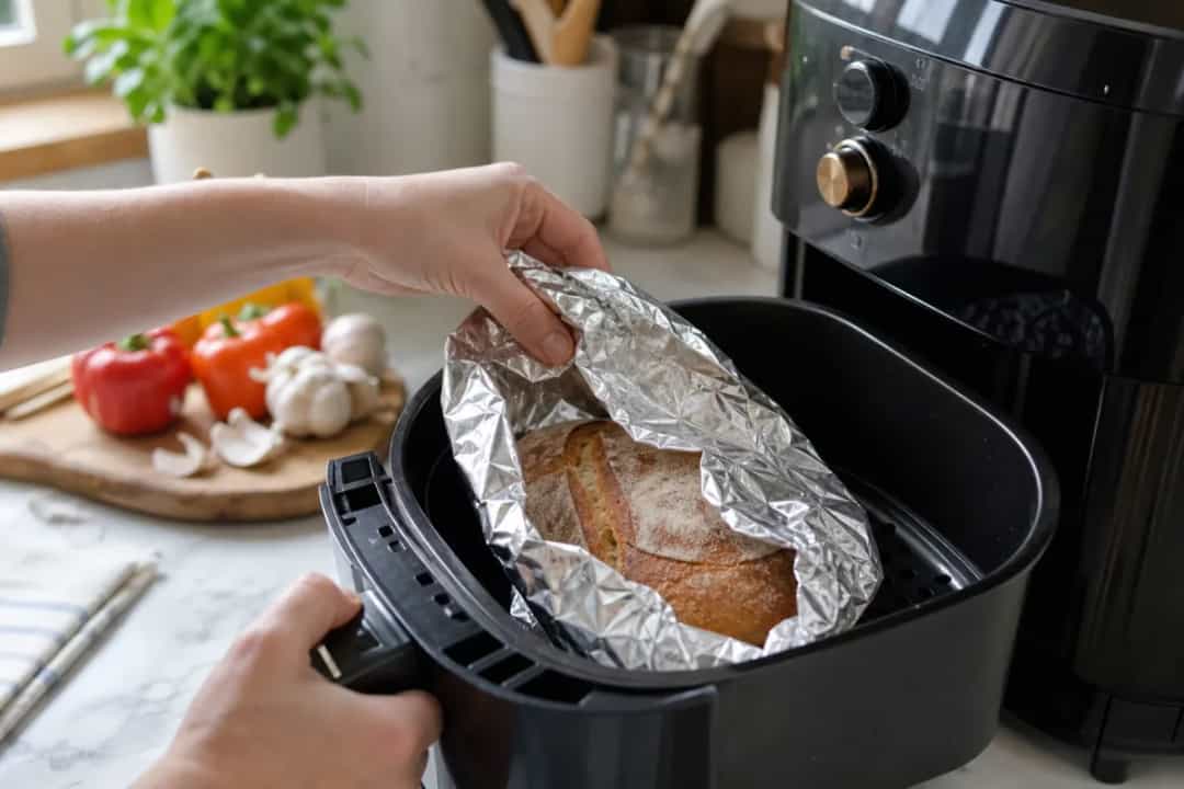 Editorial photo: Revive Stale Bread in 3 Minutes with an Air Fryer (quick fixes tip) — realistic home-kitchen scene with visible tools and ingredients in natura
