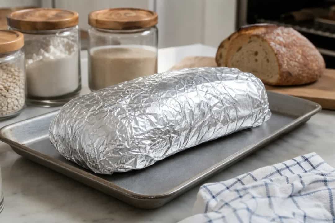 Editorial photo: How to Revive Stale Bread in the Oven (pro techniques tip) — realistic home-kitchen scene with visible tools and ingredients in natural light