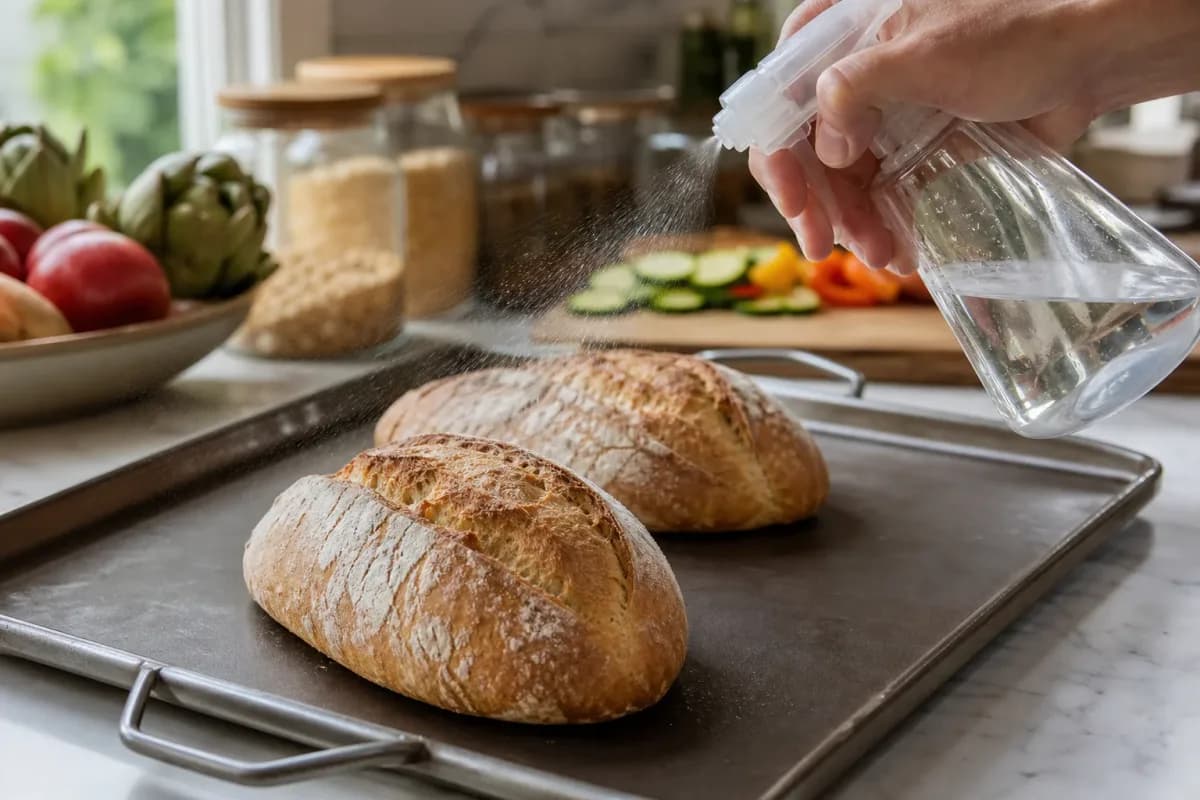 Editorial photo: Revive Stale Bread with Water and Heat (pro techniques tip) — realistic home-kitchen scene with visible tools and ingredients in natural light