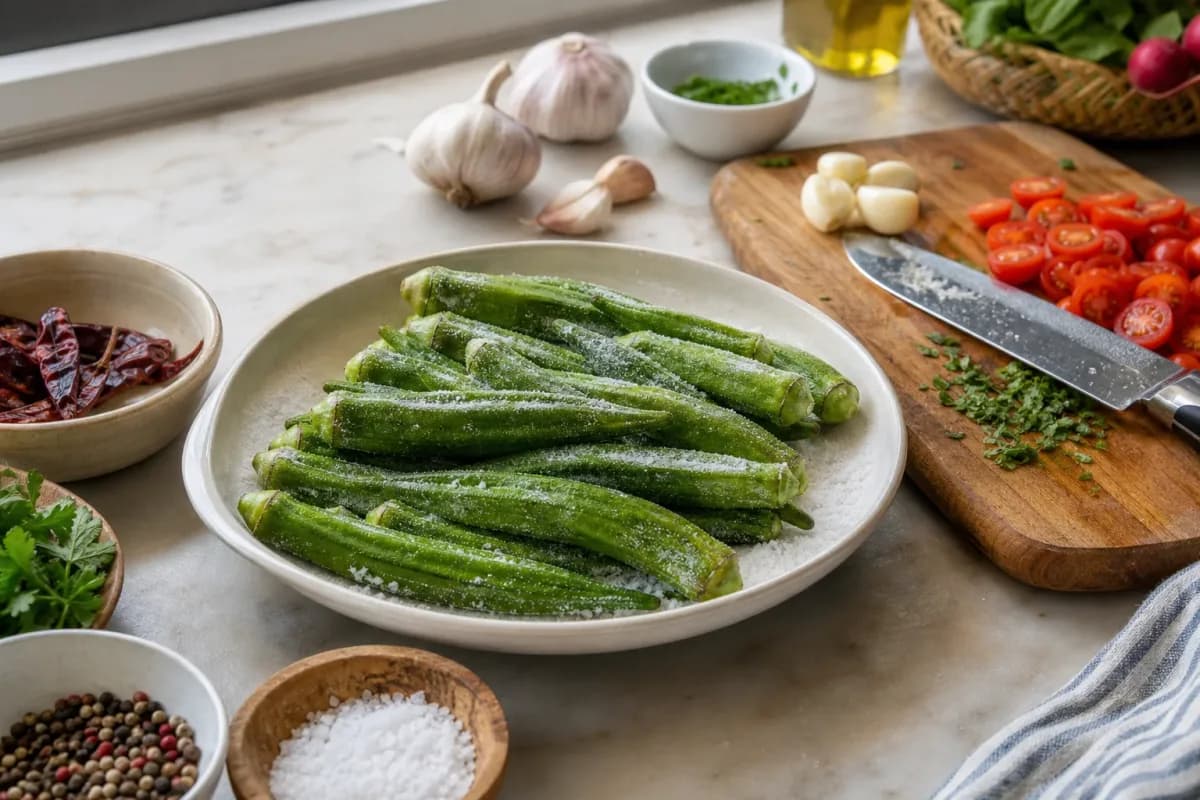 Editorial photo: The Salt-Coating Method for De-Sliming Okra (tips tricks tip) — realistic home-kitchen scene with visible tools and ingredients in natural ligh