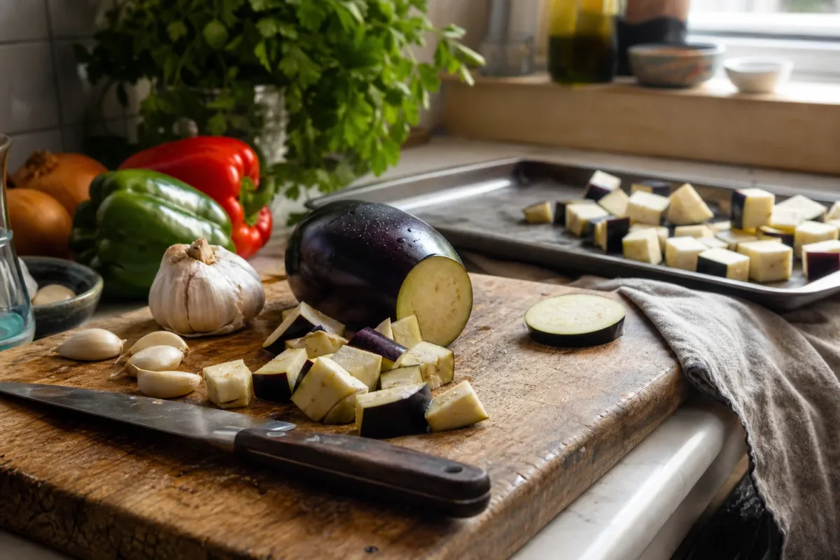 Editorial photo: Remove Bitter Tannins from Eggplant with Salt-Rub Searing (tips tricks tip) — realistic home-kitchen scene with visible tools and ingredients i