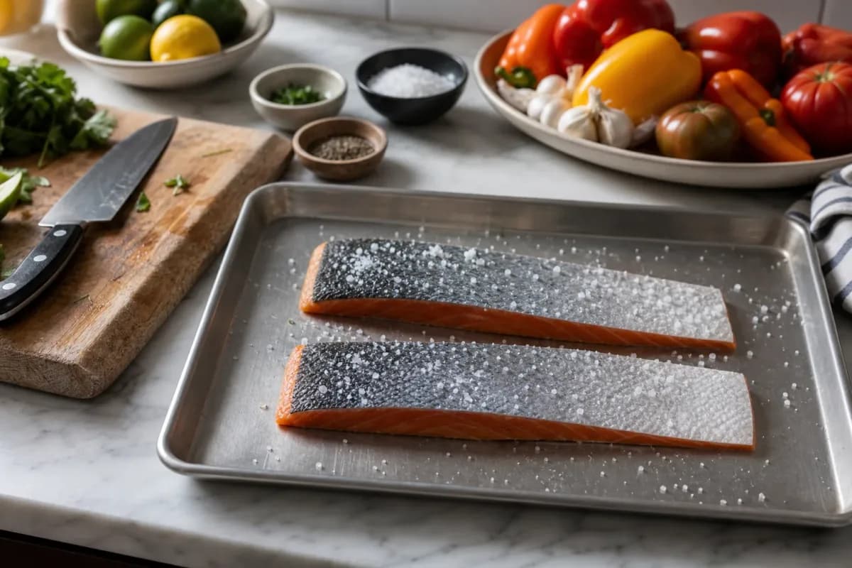 Editorial photo: The Stainless Steel Dry-Salting Trick for Salmon Skin (tips tricks tip) — realistic home-kitchen scene with visible tools and ingredients in na