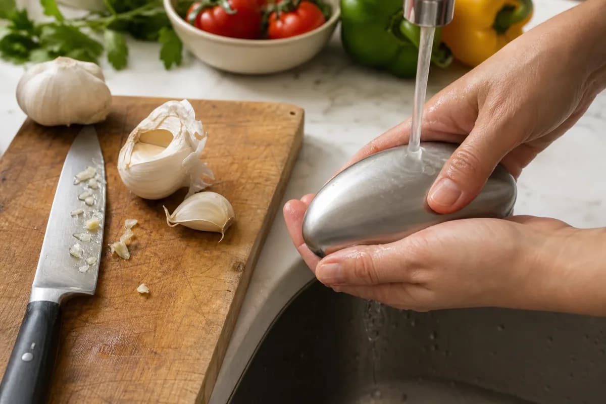 Editorial photo: Erase Garlic and Fish Odors with Stainless Steel (essentials tip) — realistic home-kitchen scene with visible tools and ingredients in natural