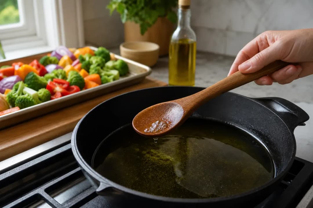 Editorial home-kitchen photo illustrating How to Test Oil Temperature Without a Thermometer (tips tricks tip), realistic tools and ingredients in natural light