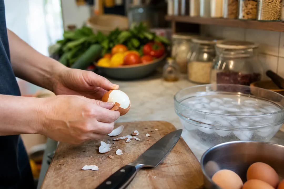 Editorial photo: The Thermal Shock Method for Perfectly Peeled Eggs (tips tricks tip) — realistic home-kitchen scene with visible tools and ingredients in natur