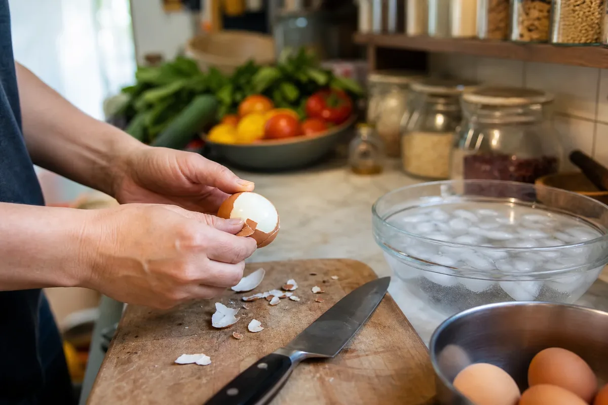 Editorial photo: The Thermal Shock Method for Perfectly Peeled Eggs (tips tricks tip) — realistic home-kitchen scene with visible tools and ingredients in natur