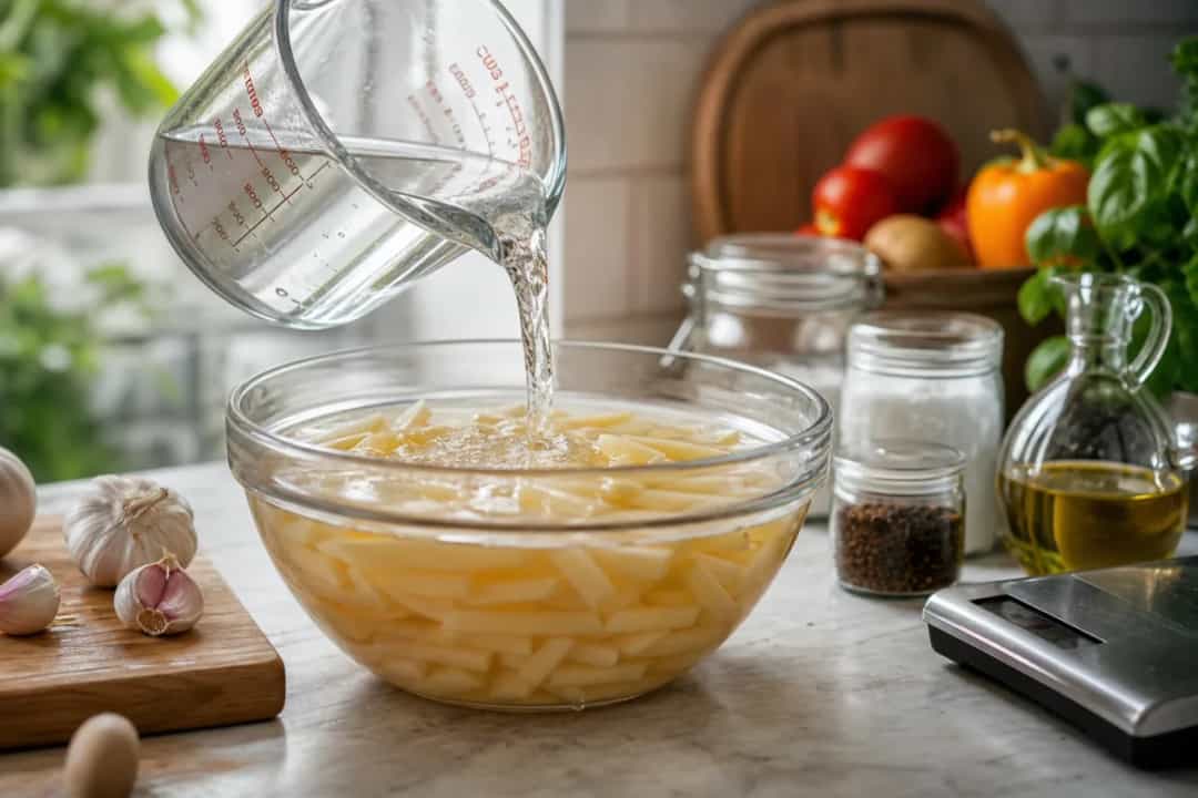 Editorial photo: Crispy French Fries: The Vinegar Submersion Method (tips tricks tip) — realistic home-kitchen scene with visible tools and ingredients in natur