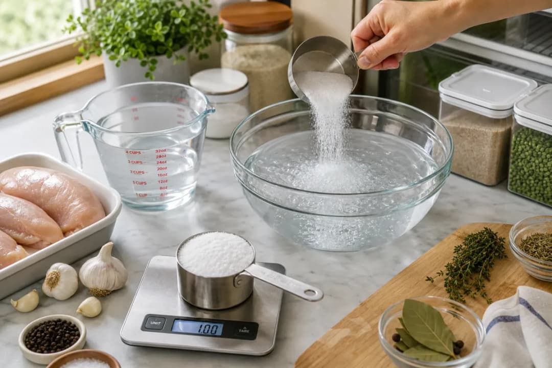 Measuring cup and kitchen scale with ingredient portion for accurate cooking conversion