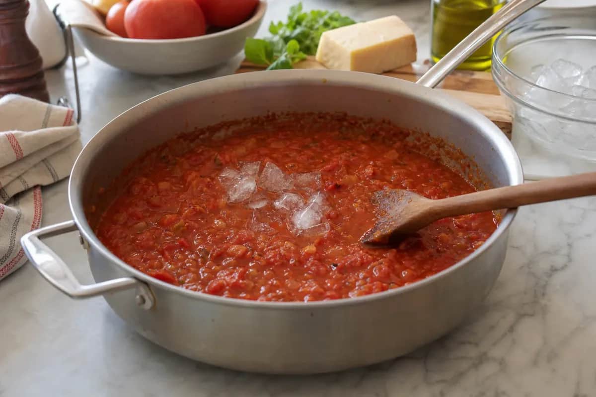 Editorial photo: Why Top Chefs Add Ice to Hot Pasta Sauce (pro techniques tip) — realistic home-kitchen scene with visible tools and ingredients in natural ligh