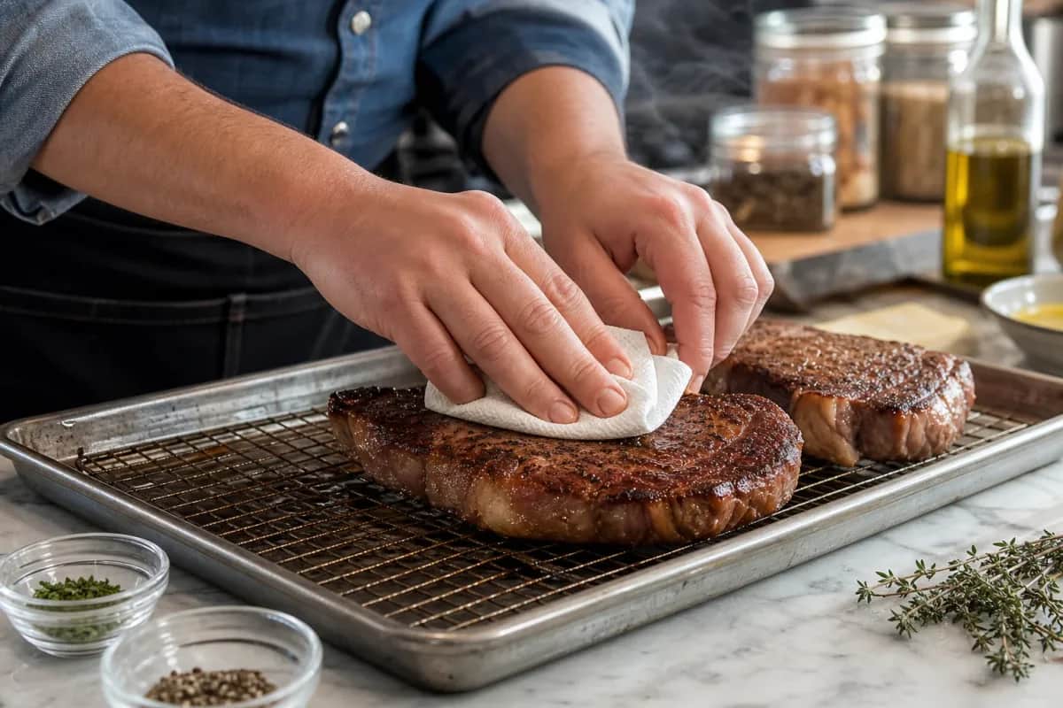 Editorial photo: Why Wet Steak Never Sear: 30-Second Trick (pro techniques tip) — realistic home-kitchen scene with visible tools and ingredients in natural lig