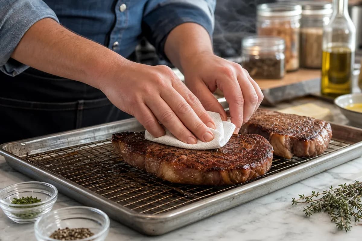 Editorial photo: Why Wet Steak Never Sear: 30-Second Trick (pro techniques tip) — realistic home-kitchen scene with visible tools and ingredients in natural lig