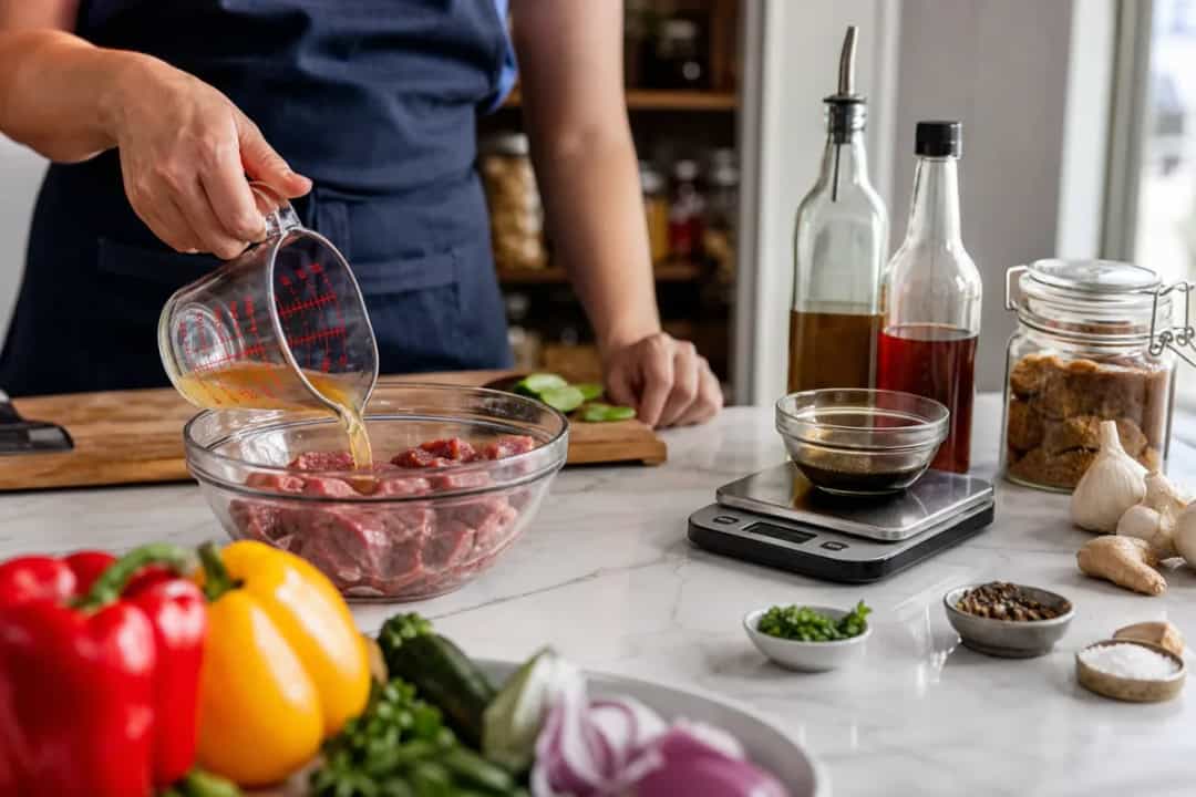 Editorial photo: Why Your Beef is Tough: 3 Marinade Rules (quick fixes tip) — realistic home-kitchen scene with visible tools and ingredients in natural light